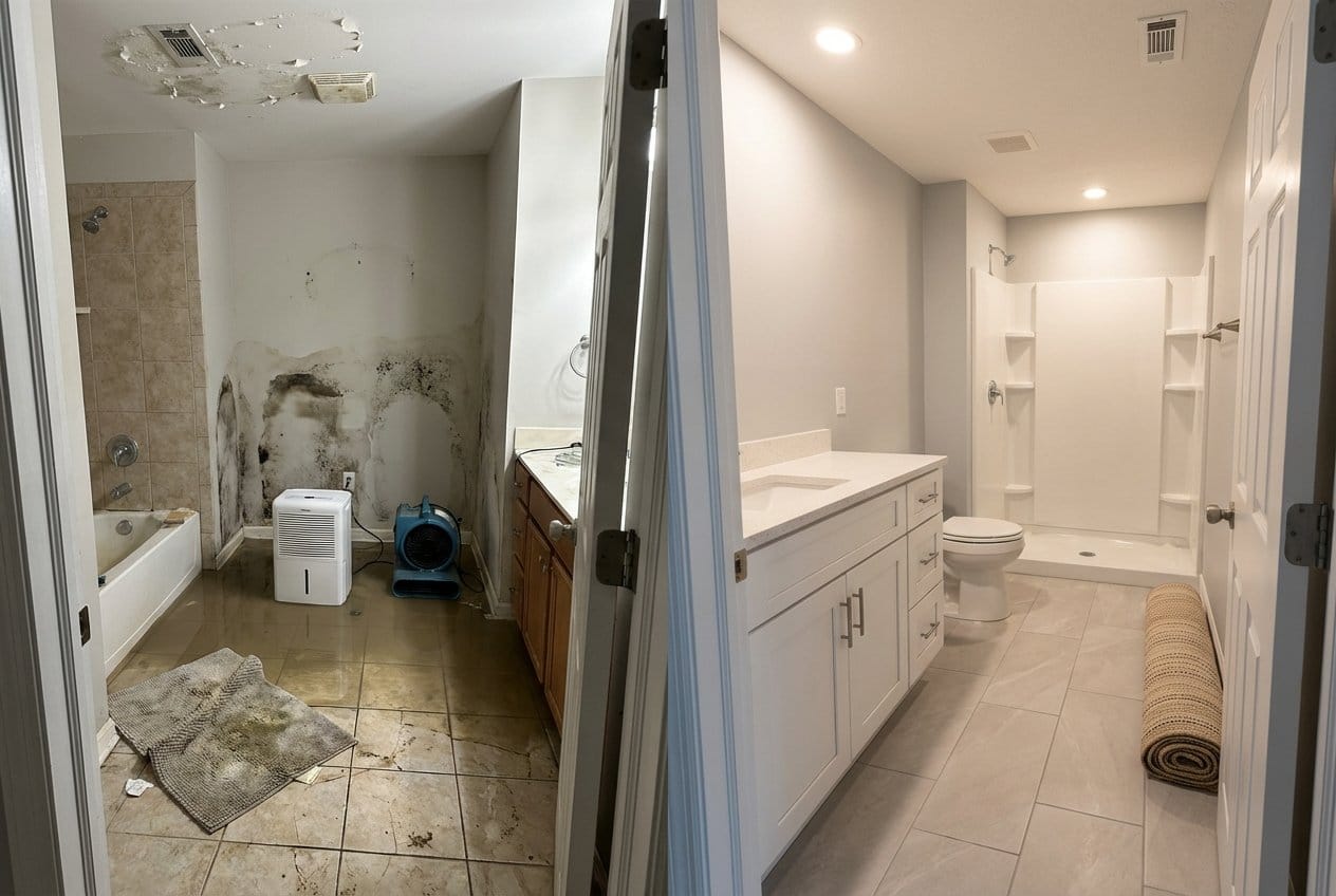 Before and after water damage restoration in Bergenfield split-level home bathroom