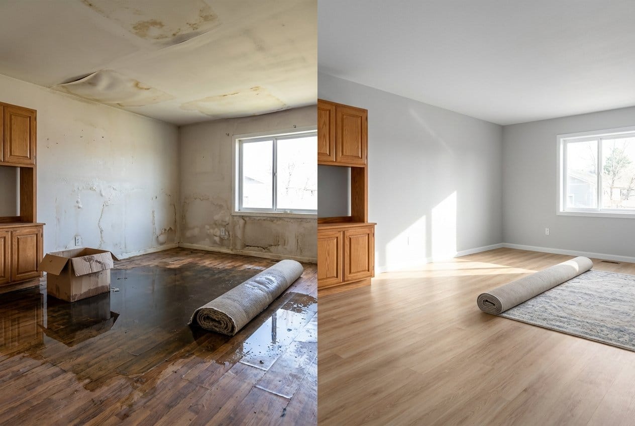 Emergency Water Removal before and after in living room, Bergenfield NJ