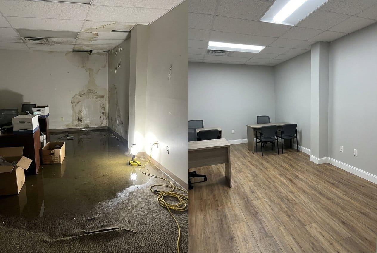Emergency Water Removal restoration — commercial office space of Tudor home in Bergenfield, NJ