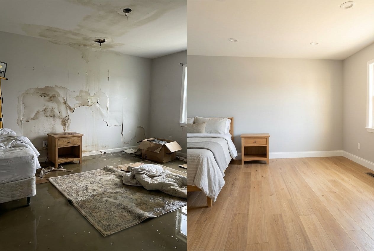 Before and after emergency water removal in Bergenfield two-story residence bedroom
