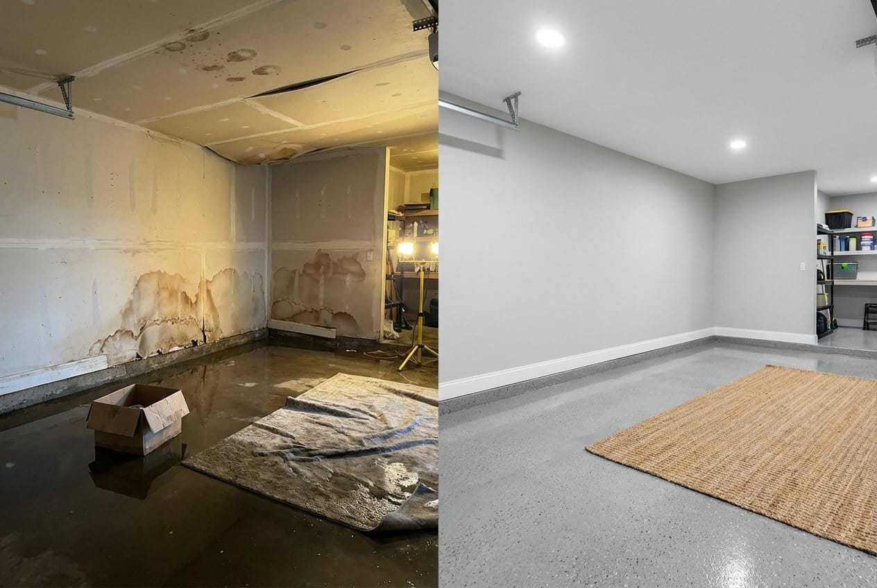 Basement Flood Cleanup before and after in garage, Bergenfield NJ