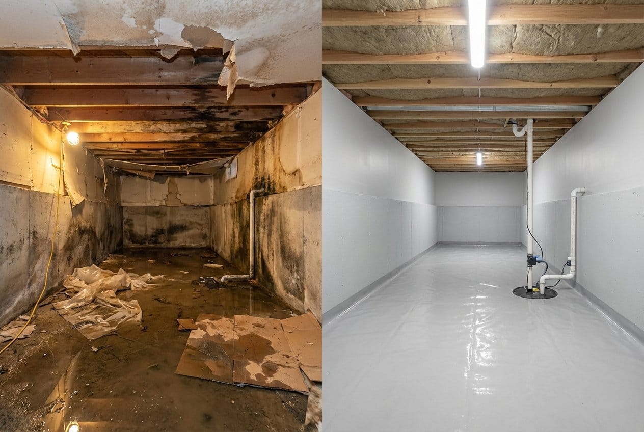 Basement Flood Cleanup restoration — crawl space of multi-family property in Bergenfield, NJ