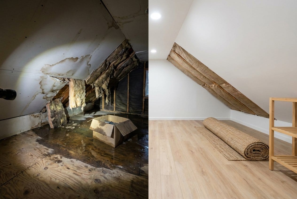 Before and after basement flood cleanup in Bergenfield commercial property attic space