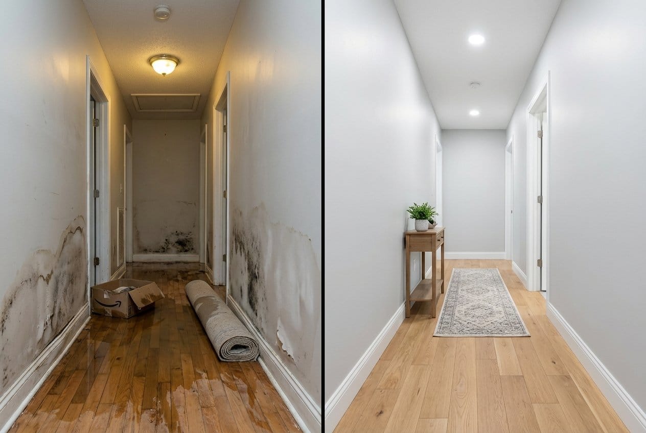 Burst Pipe & Plumbing Leak Damage before and after in hallway, Bergenfield NJ