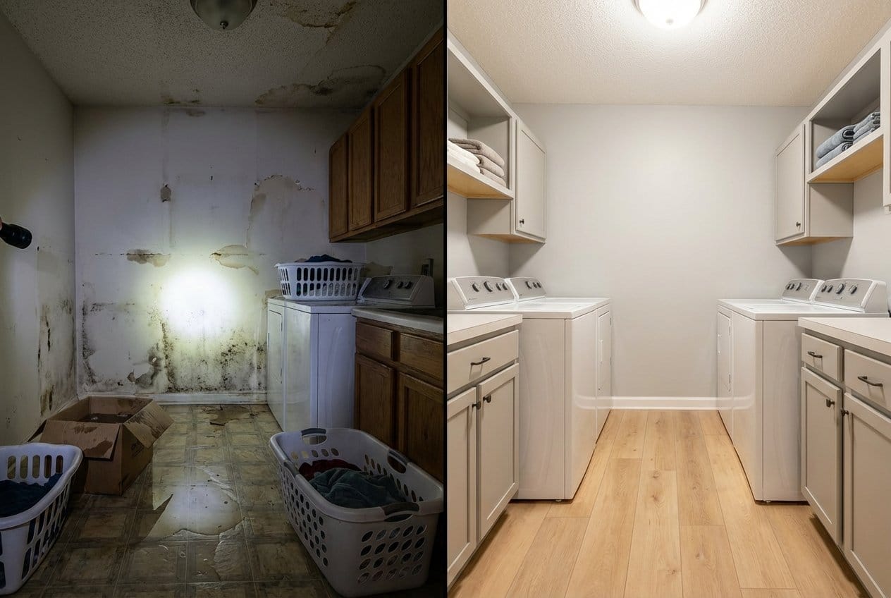 Burst Pipe & Plumbing Leak Damage restoration β laundry room of contemporary home in Bergenfield, NJ