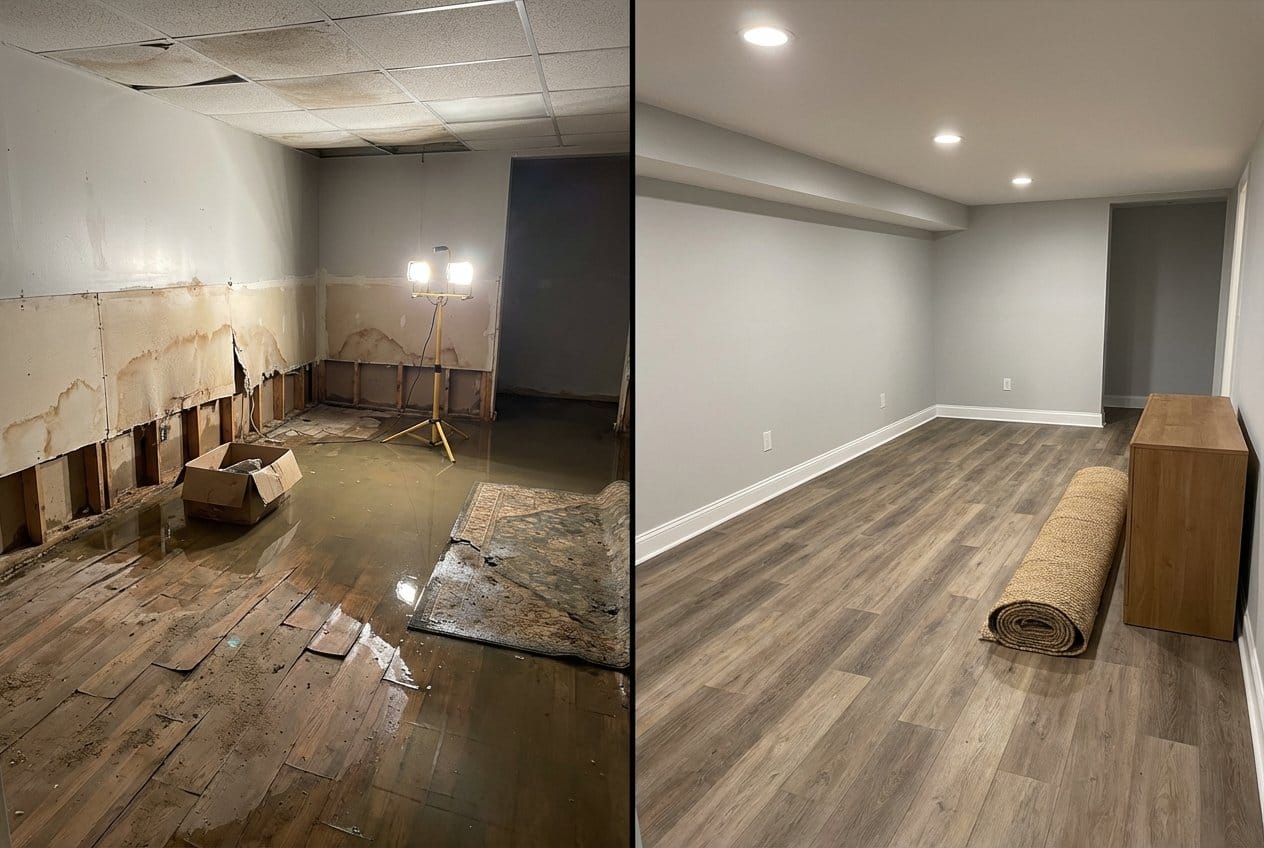 Storm & Roof Leak Water Damage before and after in finished basement, Bergenfield NJ