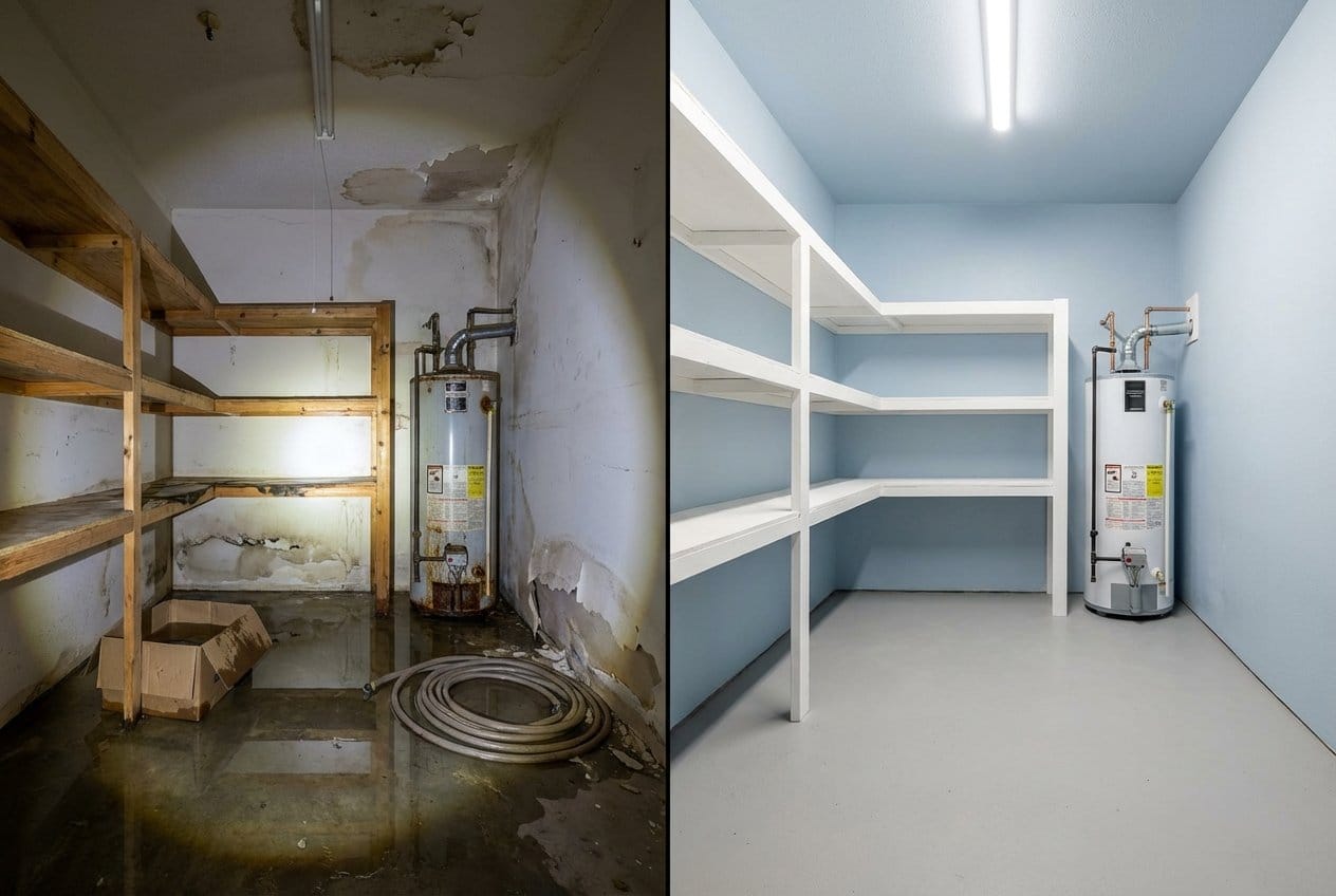 Storm & Roof Leak Water Damage restoration ā utility room of split-level home in Bergenfield, NJ