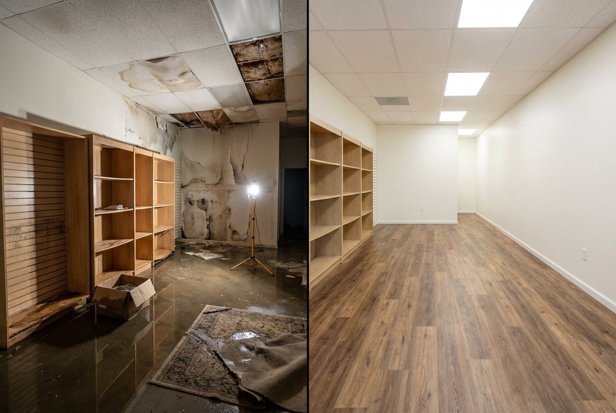 Before and after storm & roof leak water damage in Bergenfield Cape Cod house storefront interior