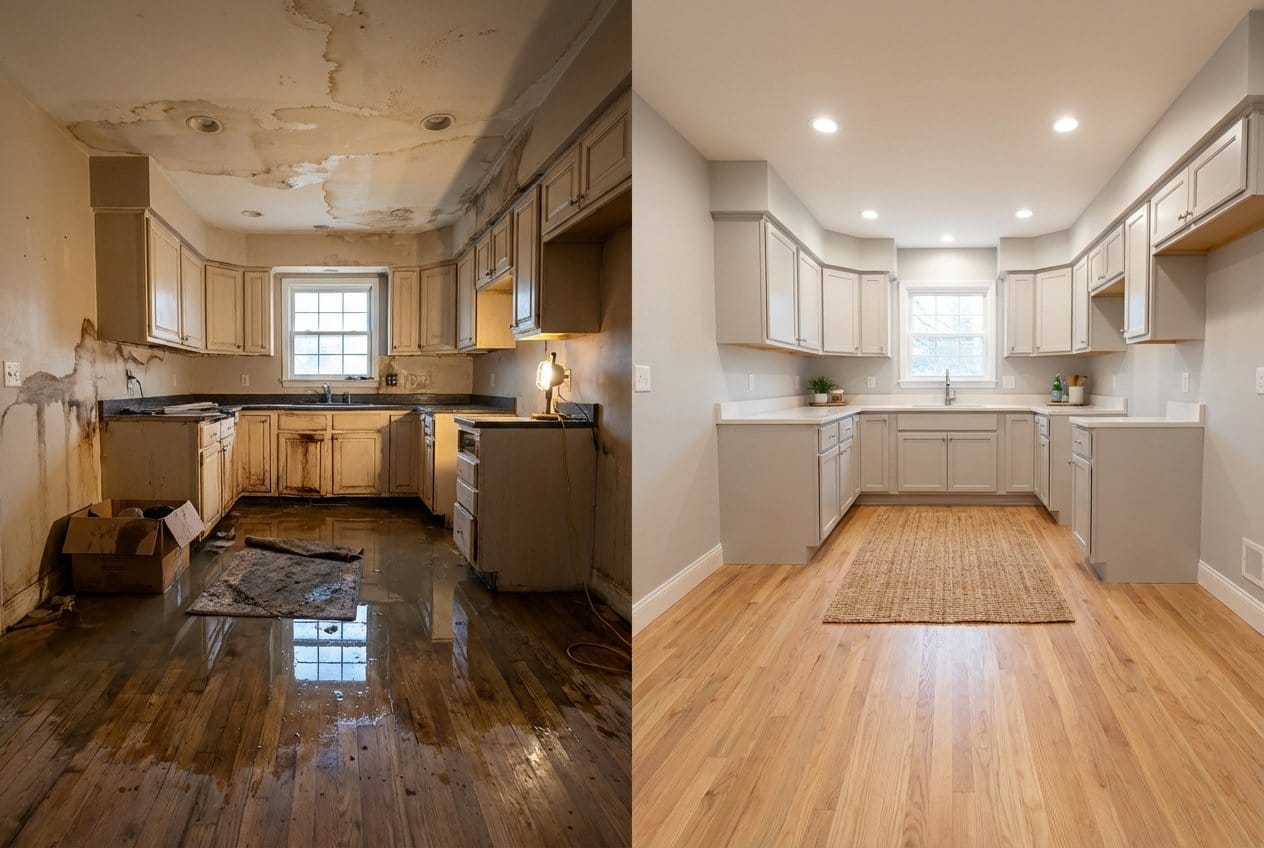 Sewage Backup Cleanup restoration β home kitchen of two-story residence in Bergenfield, NJ