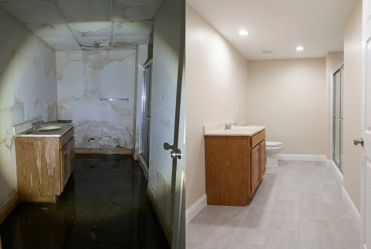 Before and after sewage backup cleanup in Bergenfield private residence bathroom