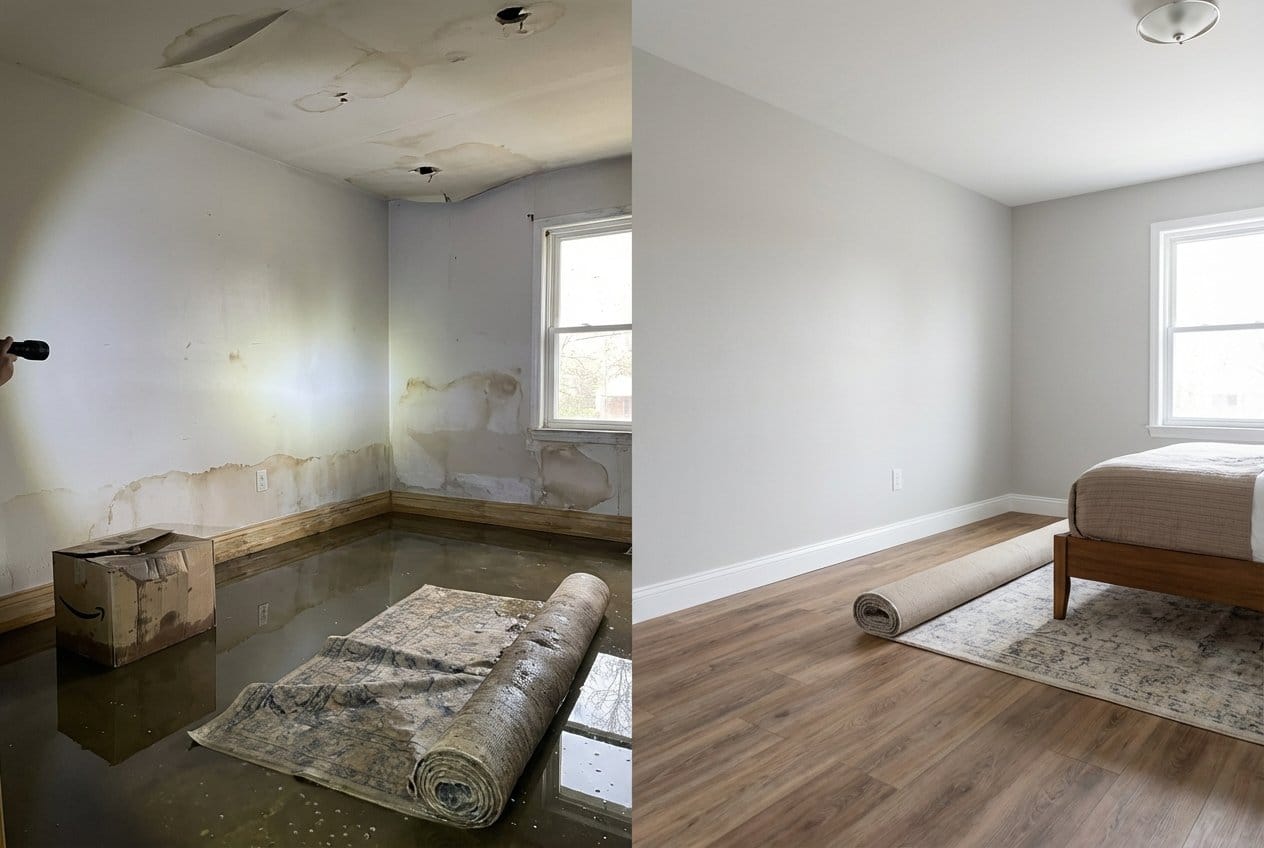 Before and after structural drying & dehumidification in Bergenfield bi-level home bedroom