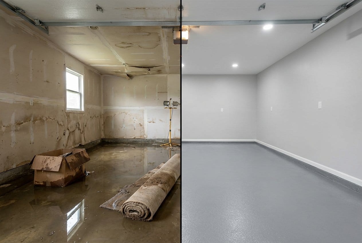 Carpet & Flooring Water Damage Cleanup before and after in garage, Bergenfield NJ