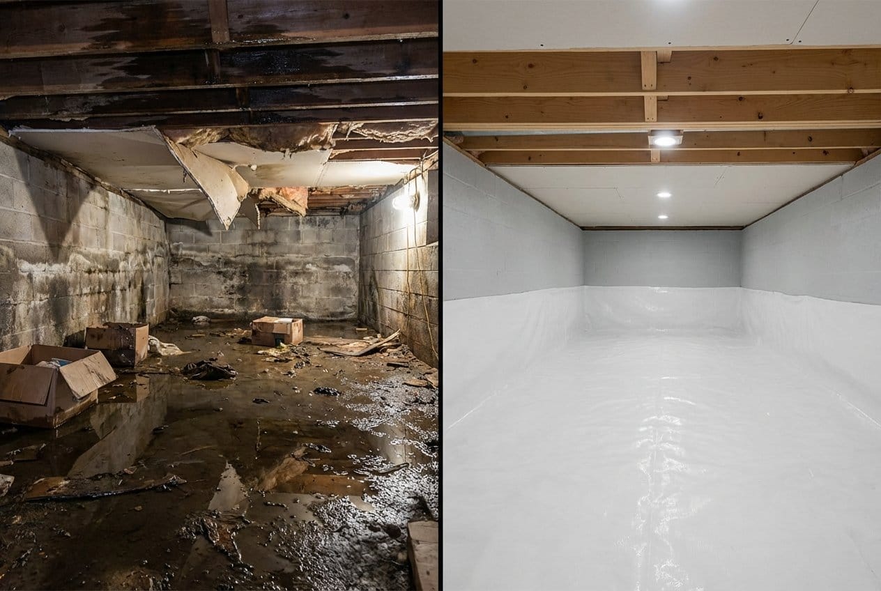 Carpet & Flooring Water Damage Cleanup restoration — crawl space of bungalow in Bergenfield, NJ