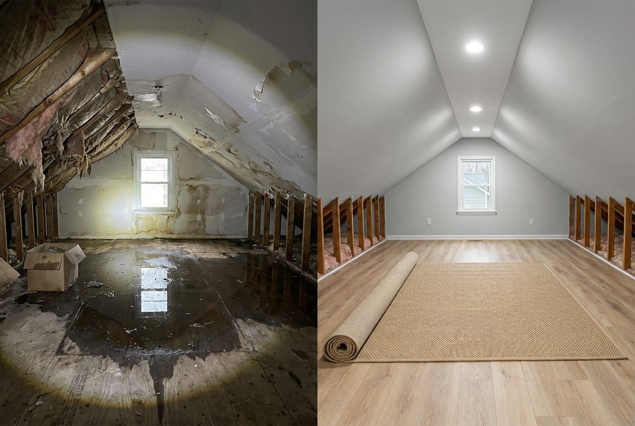 Before and after carpet & flooring water damage cleanup in Bergenfield single-family home attic space