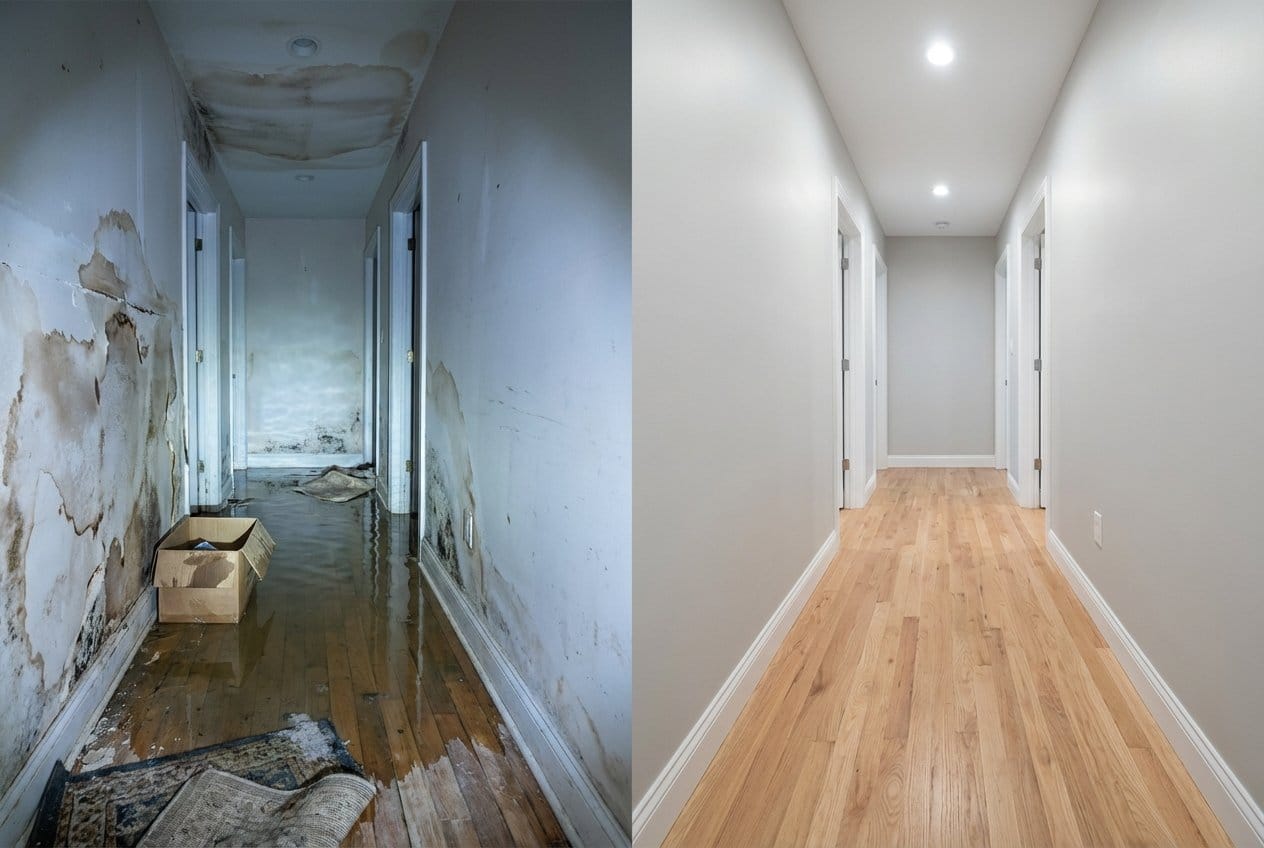 Wall & Ceiling Dry-Out before and after in hallway, Bergenfield NJ