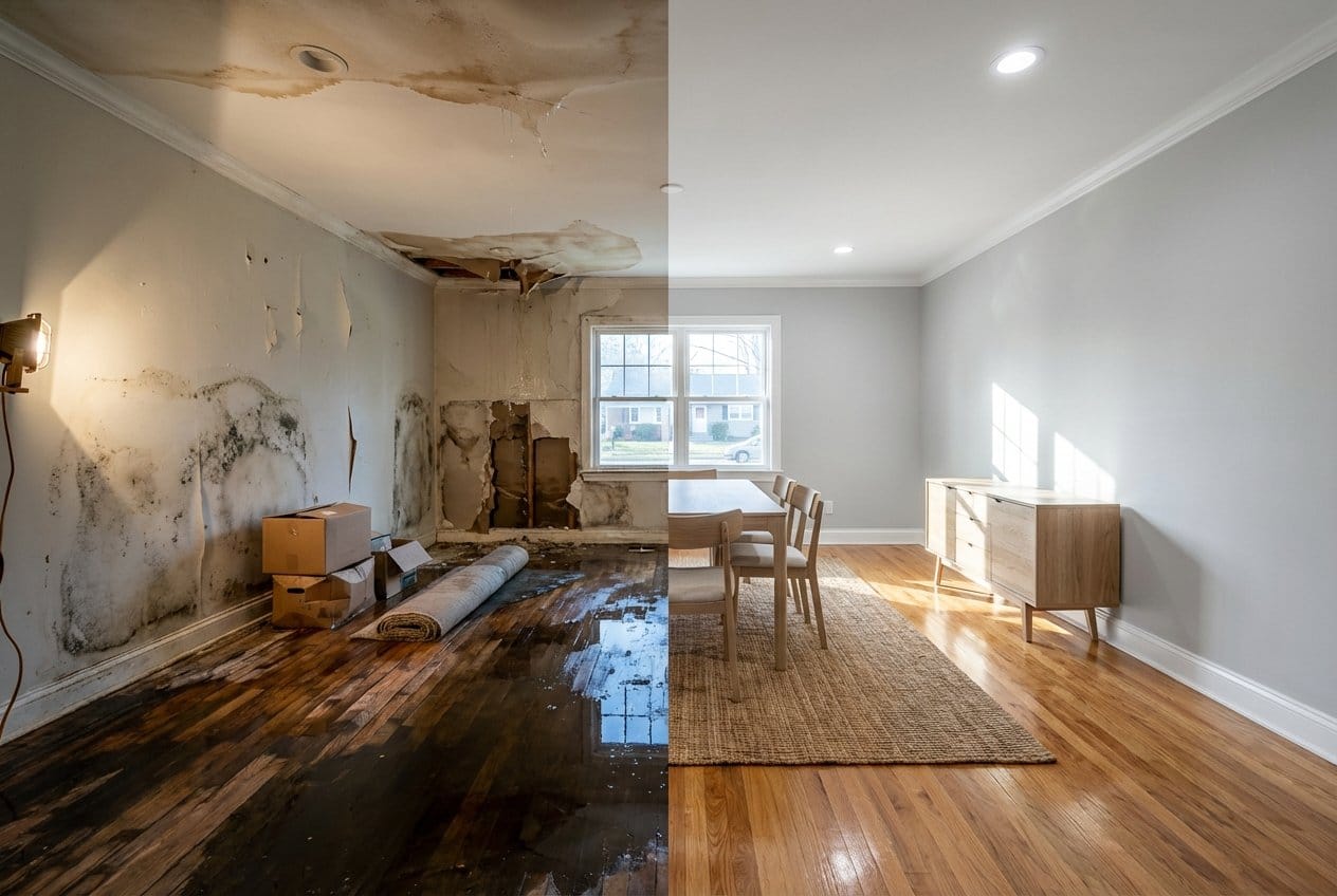 Before and after wall & ceiling dry-out in Bergenfield ranch-style home dining room