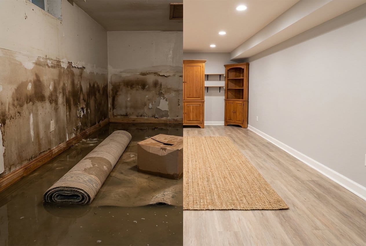 Mold Prevention After Water Damage before and after in residential basement, Bergenfield NJ