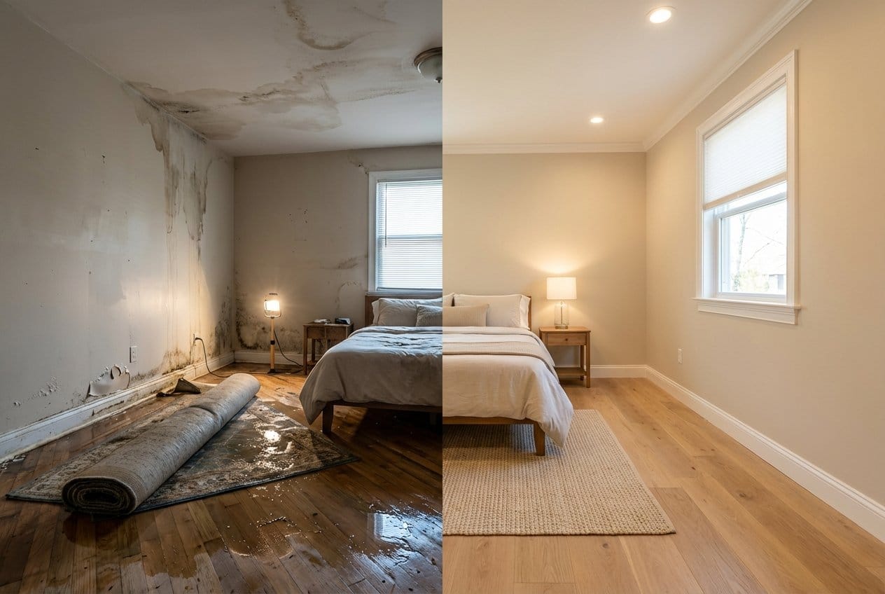 Bergenfield Water Damage Restoration bedroom restoration before and after in Bergenfield