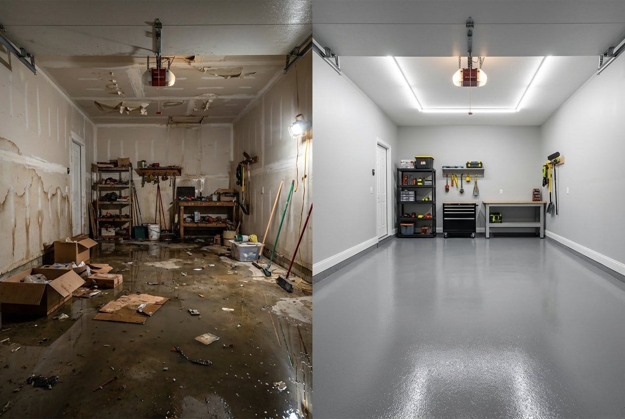 Bergenfield Water Damage Restoration garage restoration before and after in Bergenfield